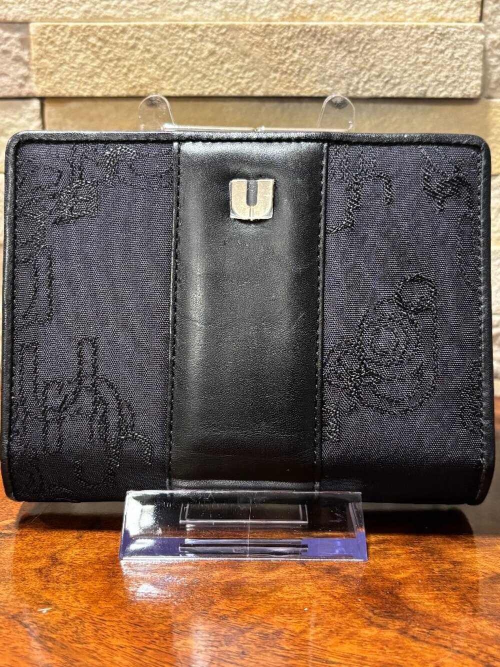 Vintage U by Ungaro Paris Wallet Black Floral Canvas Leather Kisslock Bifold NOS